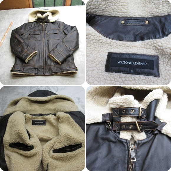 Wilsons Leather Jacket Mens Small Brown Hooded Sherpa Fleece Lined Buckle Neck - Picture 1 of 16
